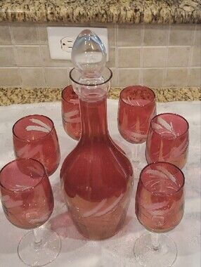 Vintage Floral Etched Cranberry Glass Decanter Carafe  6 Cordial / Wine Glasses